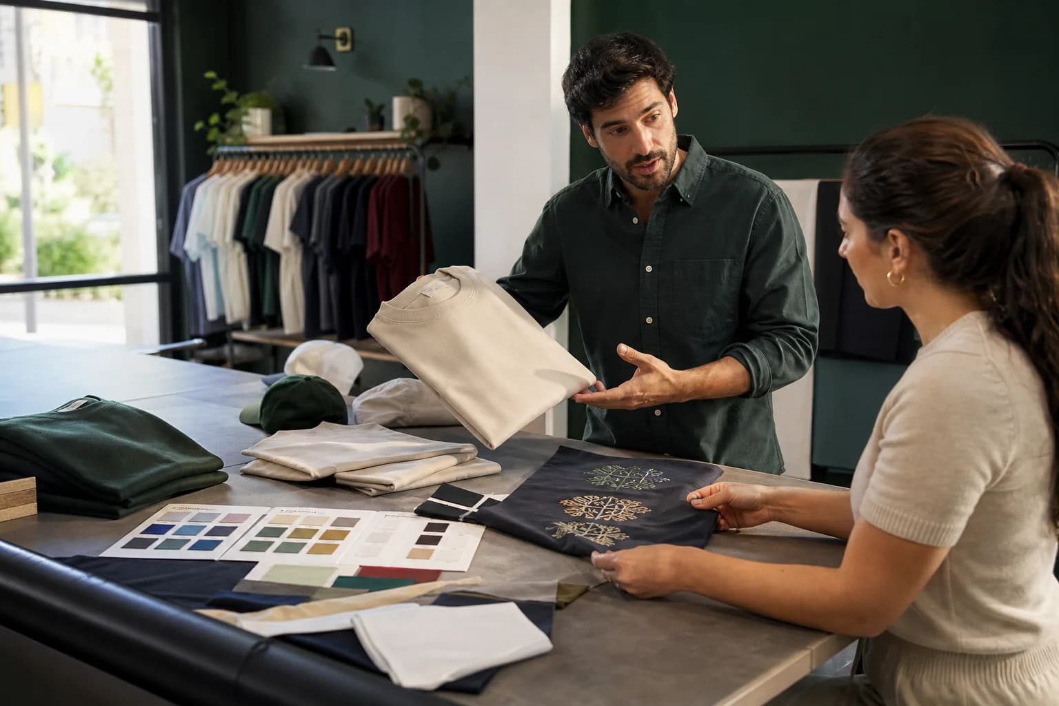 Comercial mostrando prendas y muestras textiles a una clienta